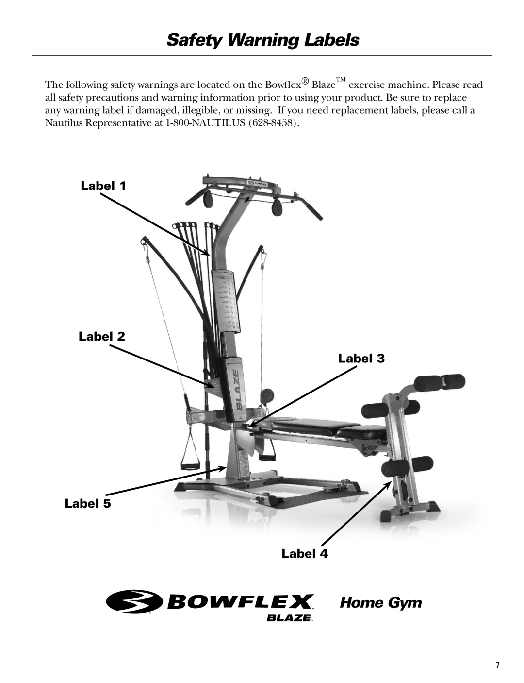 Bowflex Blaze manual Safety Warning Labels 