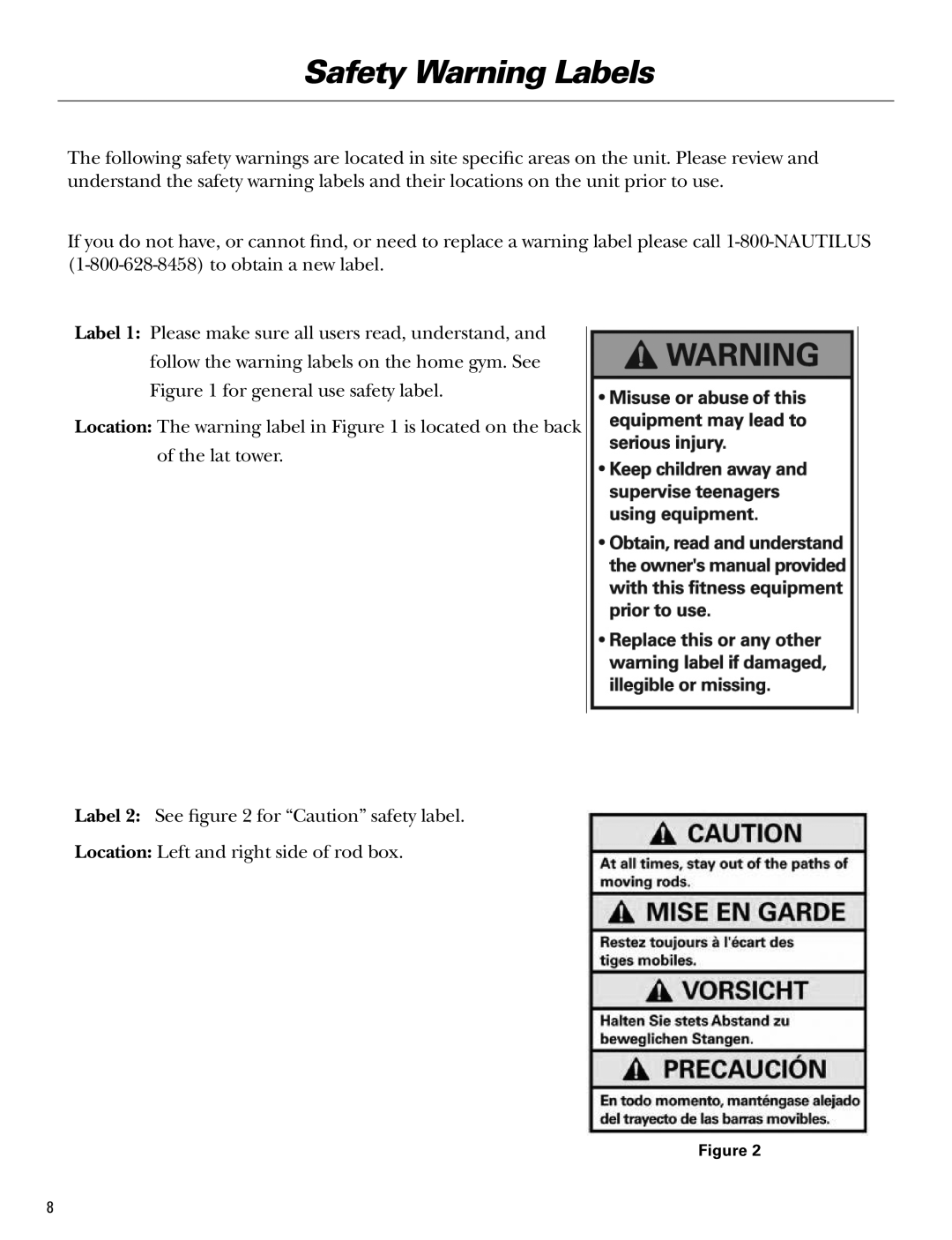 Bowflex Blaze manual Safety Warning Labels 