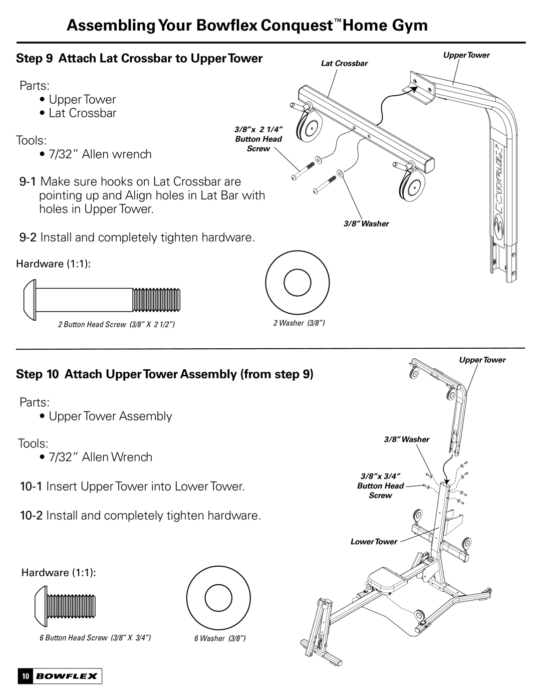 Bowflex Conquest manual Attach Lat Crossbar to UpperTower, Parts Upper Tower Lat Crossbar Tools Allen wrench 