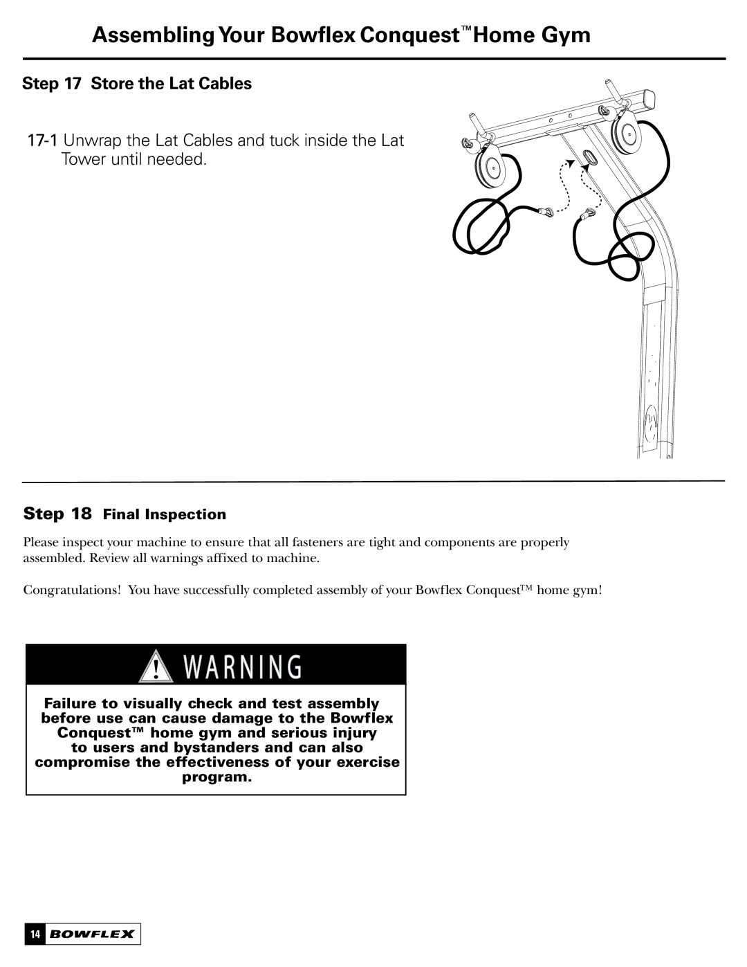 Bowflex Conquest manual Store the Lat Cables, Final Inspection 