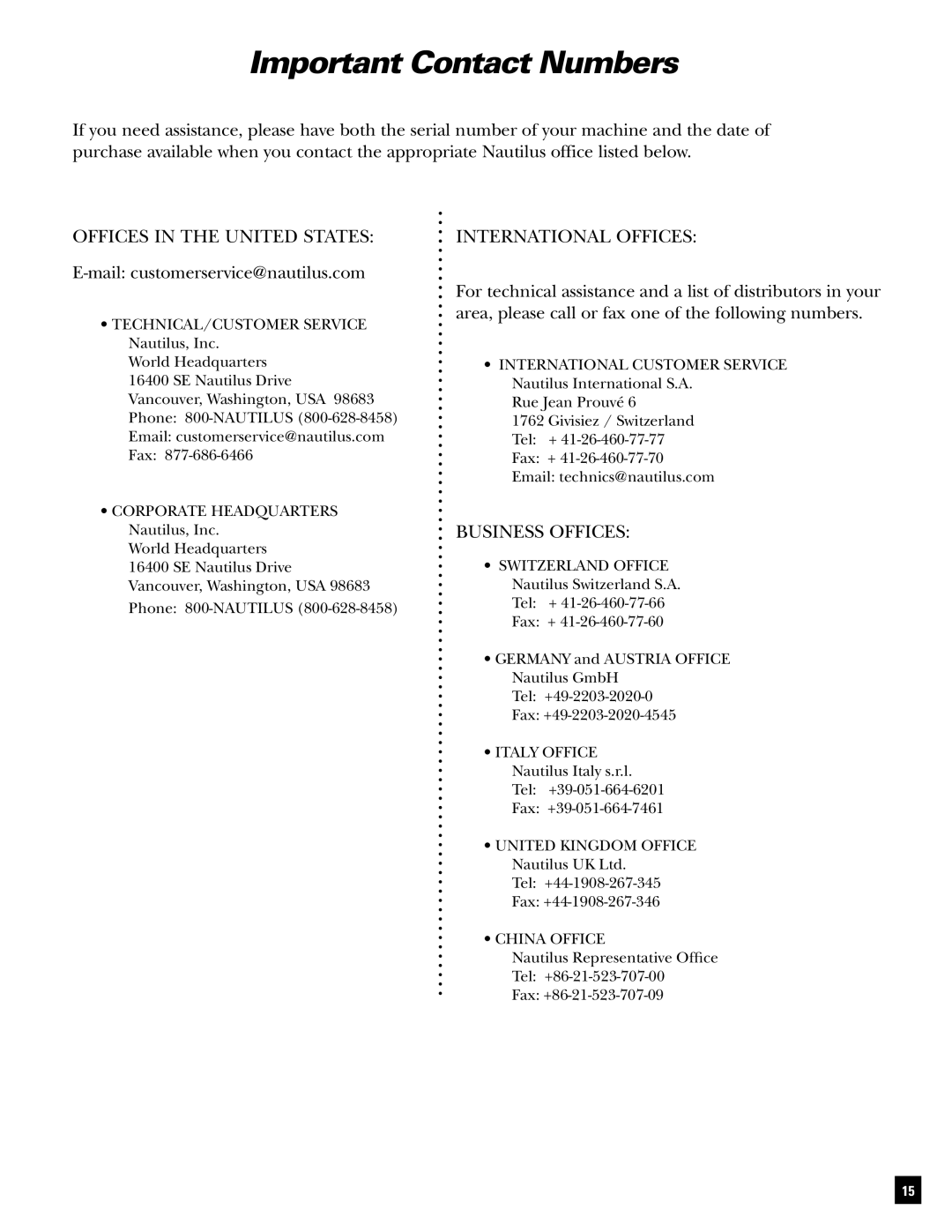 Bowflex Conquest manual Important Contact Numbers 