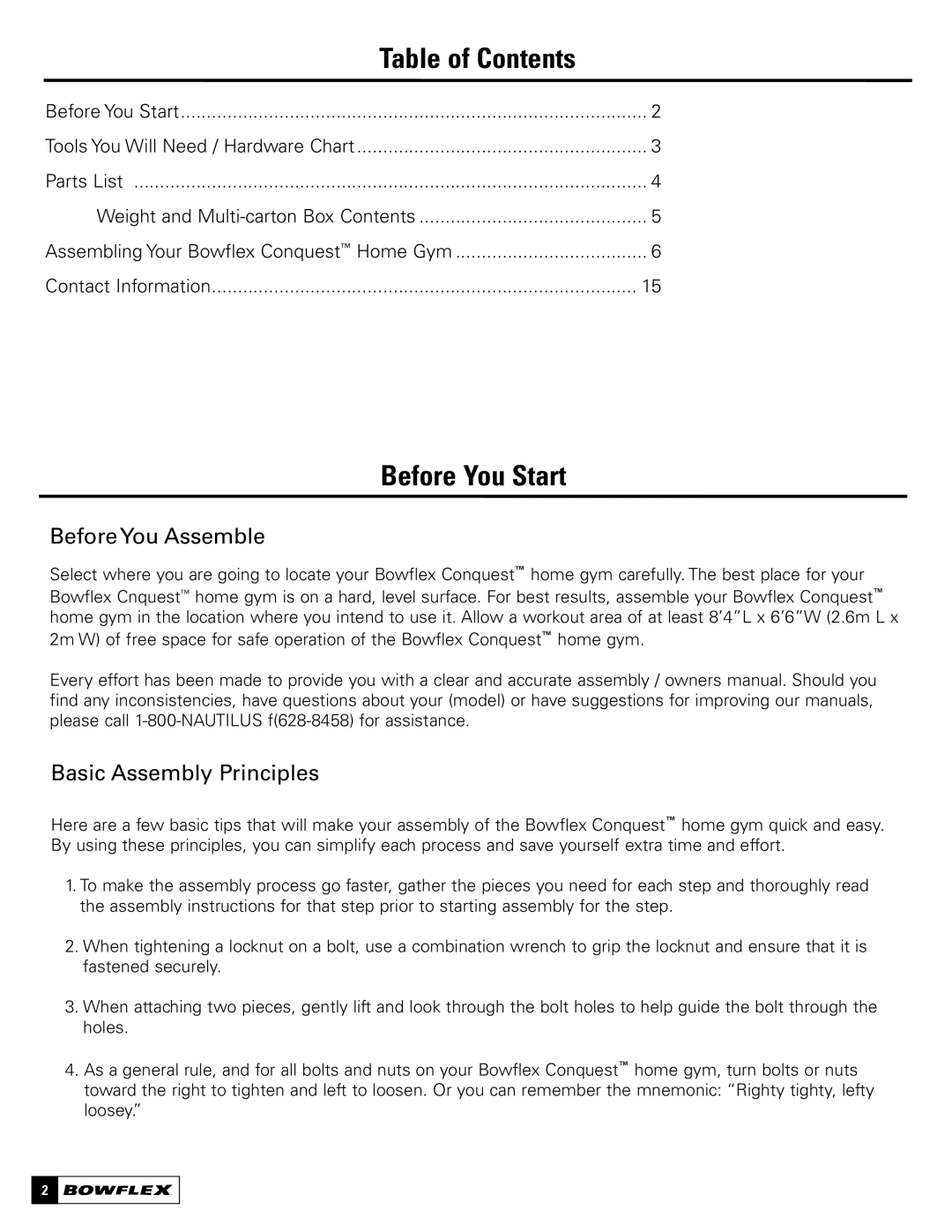 Bowflex Conquest manual Table of Contents 