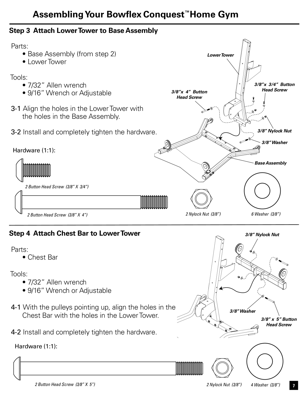 Bowflex Conquest manual Attach LowerTower to Base Assembly, Attach Chest Bar to LowerTower 