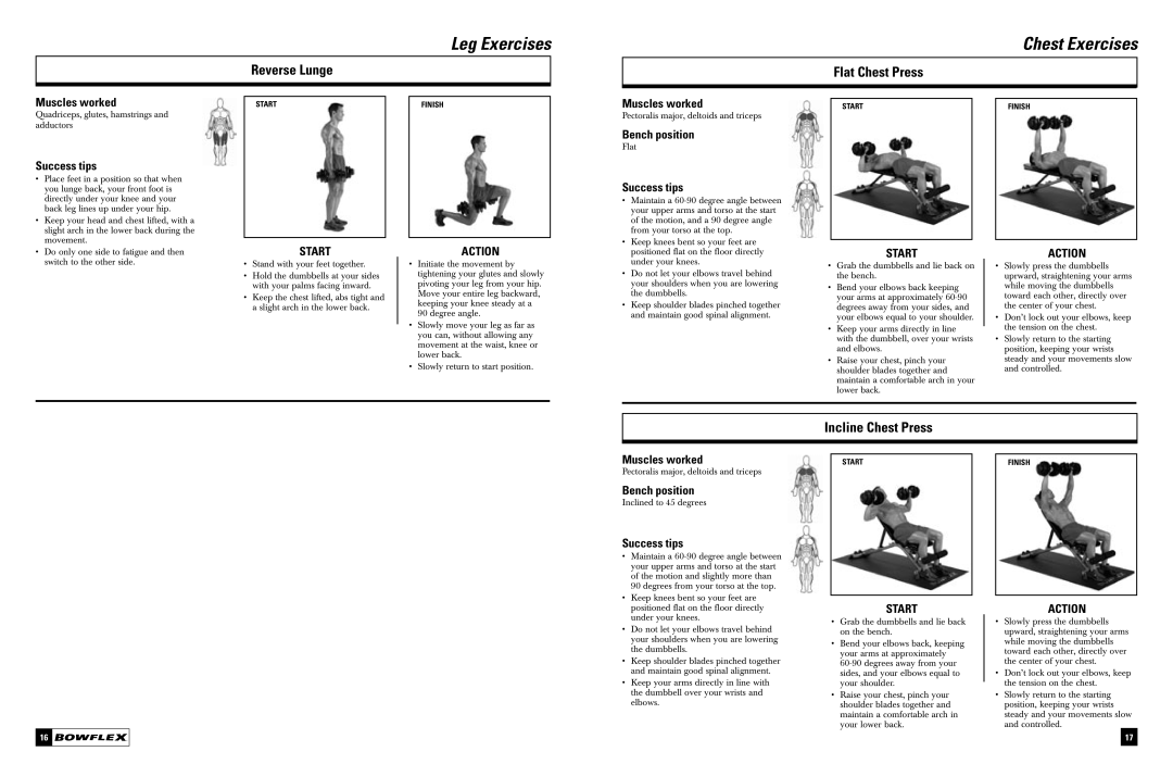 Bowflex Dumbbell manual Reverse Lunge, Flat Chest Press, Incline Chest Press 