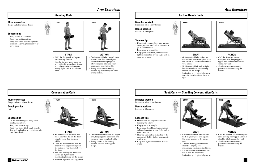 Bowflex Dumbbell manual Standing Curls, Incline Bench Curls 