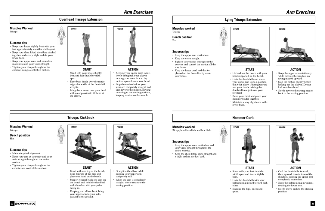 Bowflex Dumbbell manual Overhead Triceps Extension, Lying Triceps Extension, Triceps Kickback Hammer Curls 