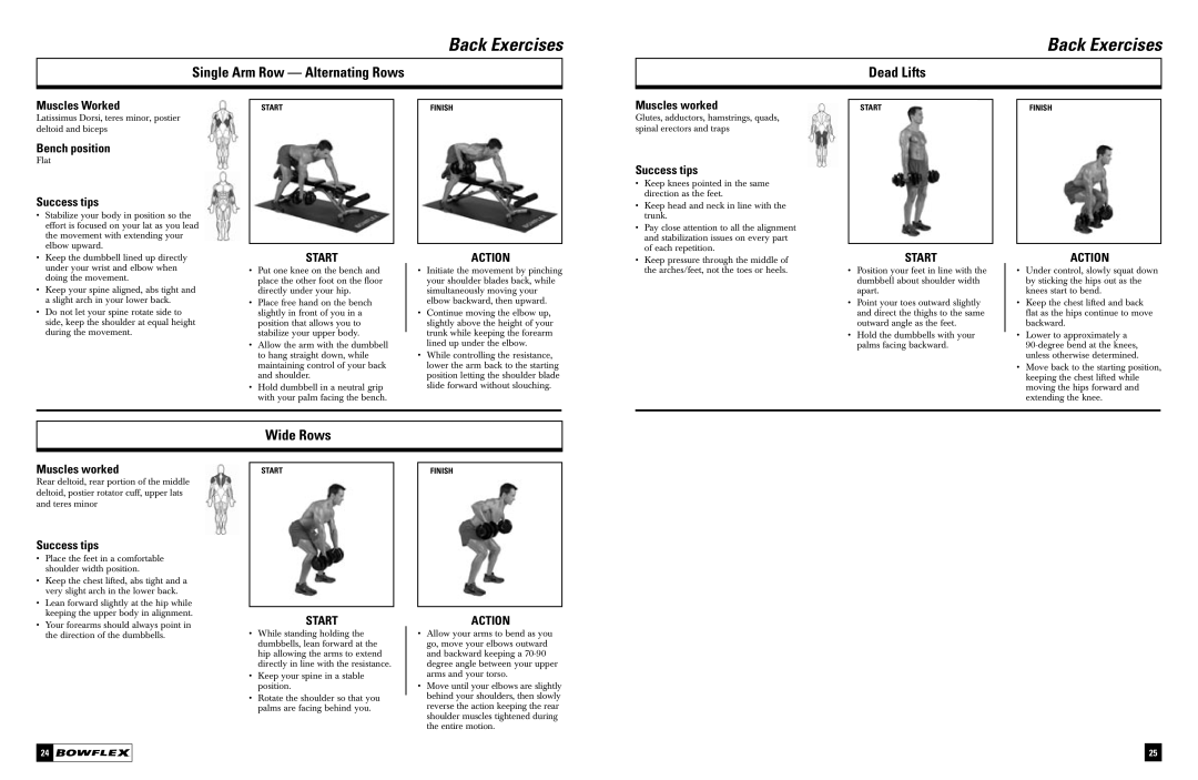 Bowflex Dumbbell manual Single Arm Row Alternating Rows, Dead Lifts, Wide Rows 