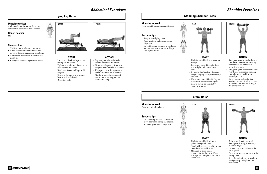 Bowflex Dumbbell manual Lying Leg Raise, Standing Shoulder Press, Lateral Raise 