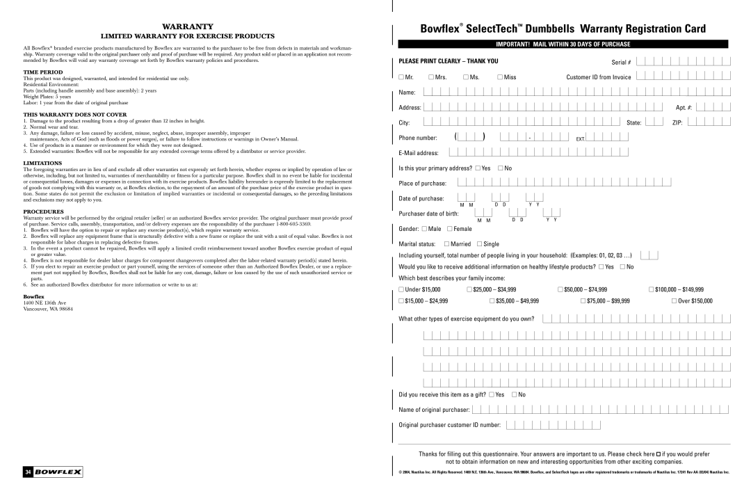 Bowflex manual Bowflex SelectTechTM Dumbbells Warranty Registration Card 