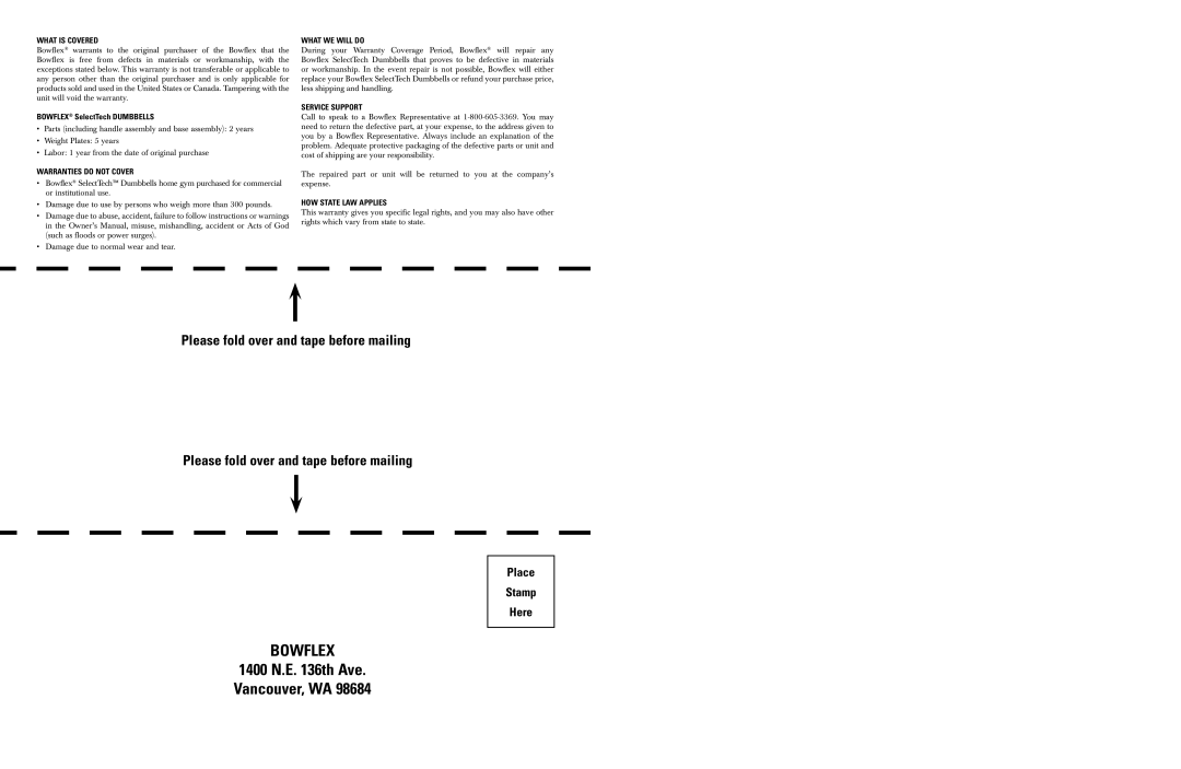 Bowflex Dumbbell manual Please fold over and tape before mailing, What is Covered 