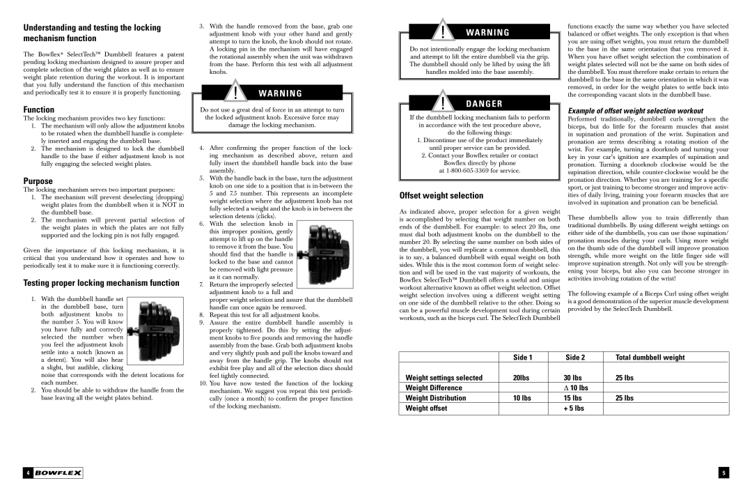 Bowflex Dumbbell Understanding and testing the locking mechanism function, Function, Purpose, Offset weight selection 