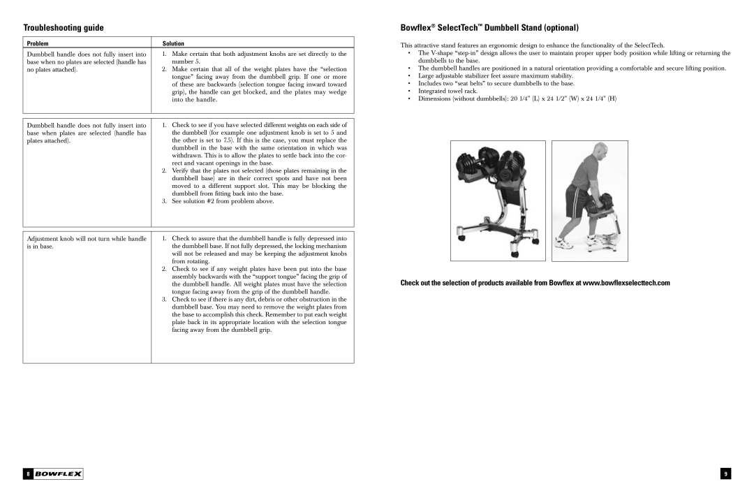 Bowflex manual Troubleshooting guide, Bowflex SelectTech Dumbbell Stand optional 