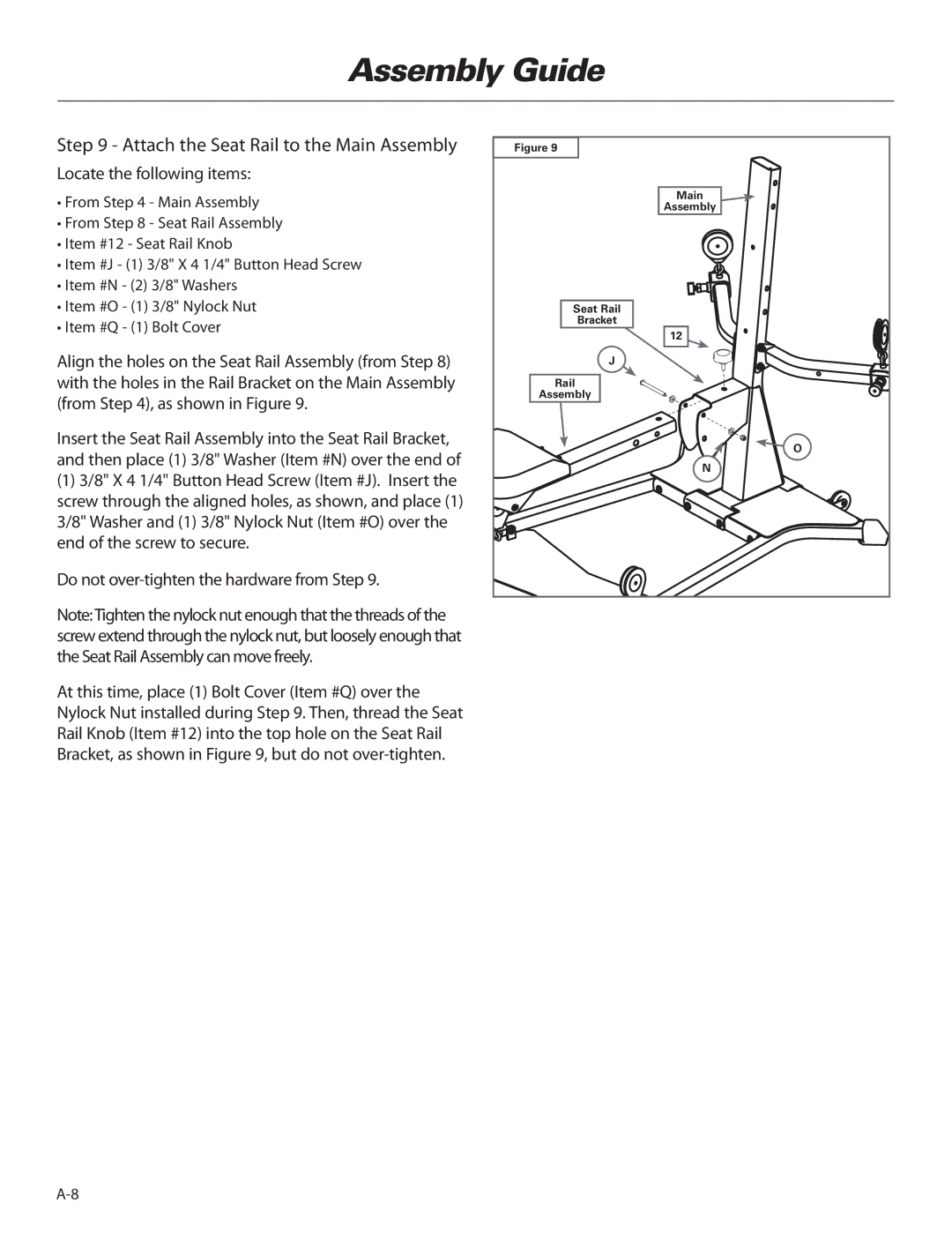 Bowflex ElitePlus manual Attach the Seat Rail to the Main Assembly, Do not over-tighten the hardware from Step 