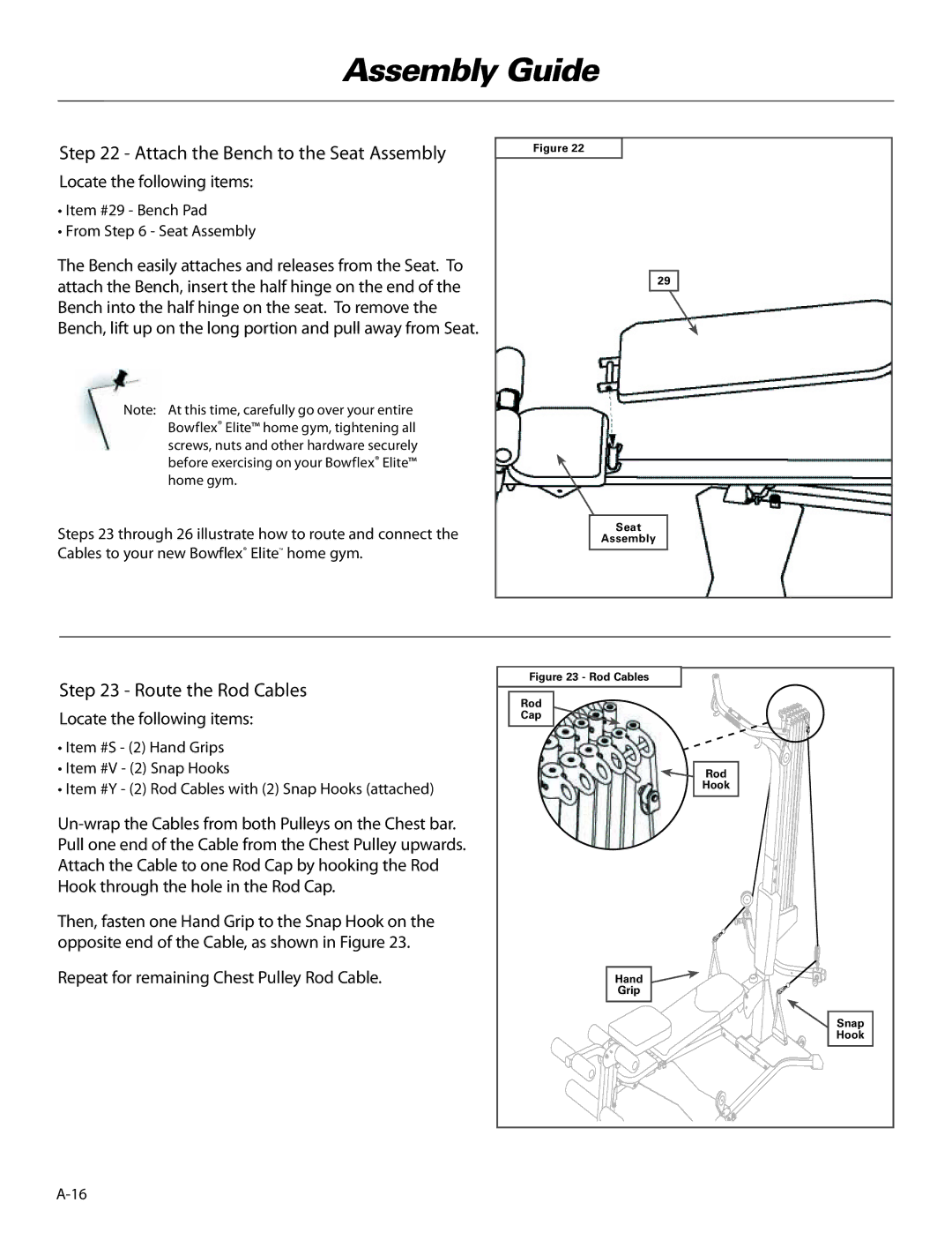 Bowflex ElitePlus manual Attach the Bench to the Seat Assembly, Route the Rod Cables 