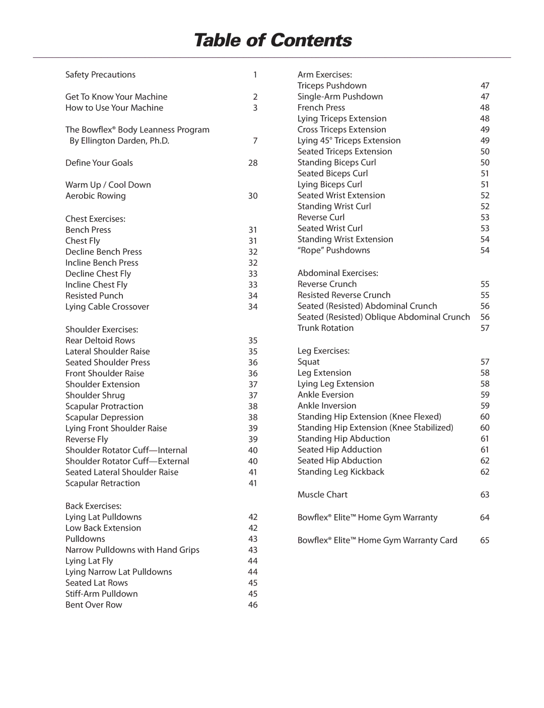 Bowflex ElitePlus manual Table of Contents 