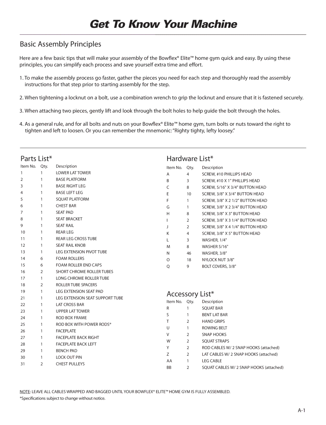 Bowflex ElitePlus manual Basic Assembly Principles, Parts List, Hardware List, Accessory List 