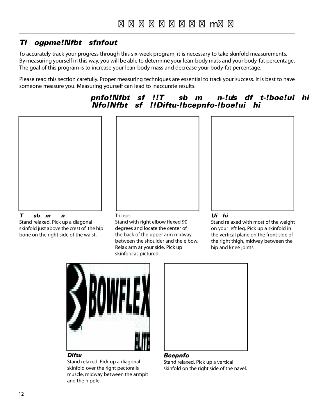 Bowflex ElitePlus manual Skinfold Measurements, Abdomen, Suprailium, Thigh, Chest 