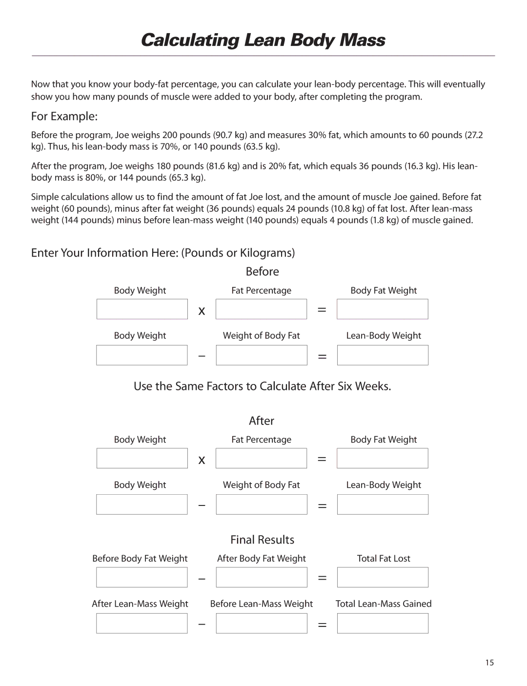 Bowflex ElitePlus manual Calculating Lean Body Mass, For Example, Enter Your Information Here Pounds or Kilograms 