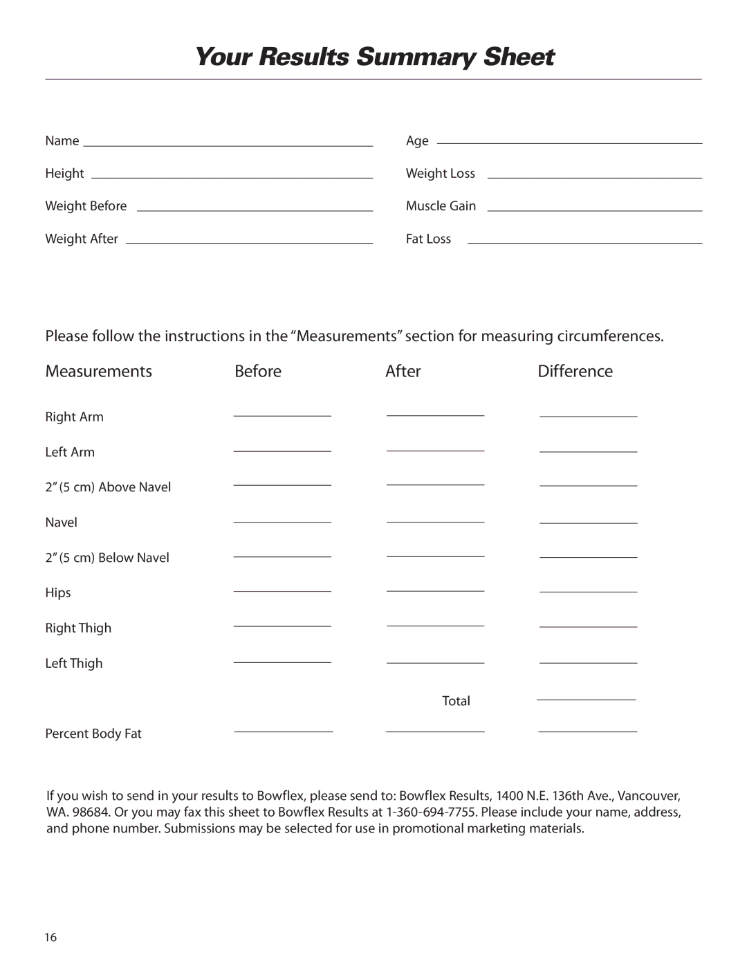 Bowflex ElitePlus manual Your Results Summary Sheet, Measurements Before After 