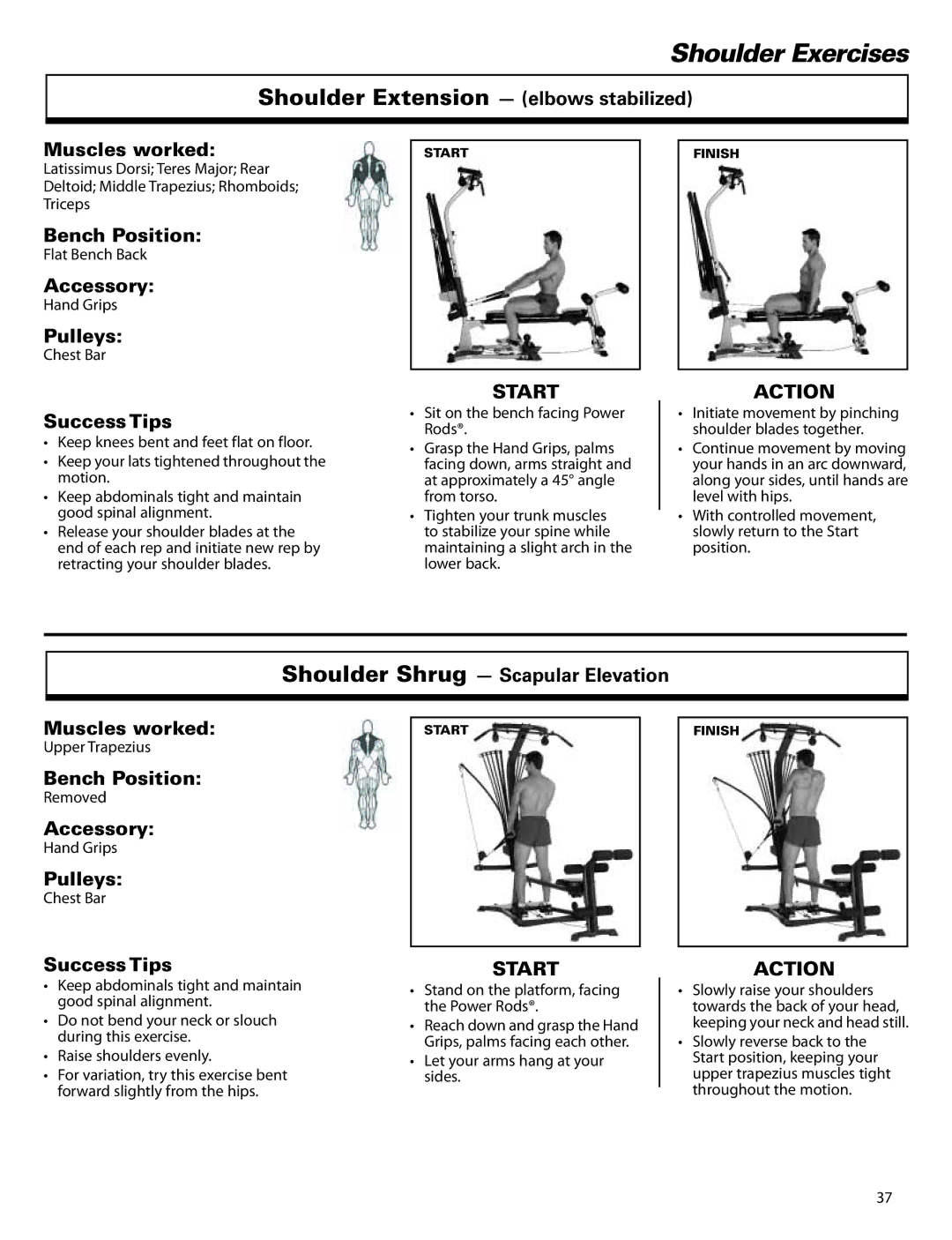 Bowflex ElitePlus Shoulder Extension elbows stabilized Muscles worked, Shoulder Shrug Scapular Elevation Muscles worked 