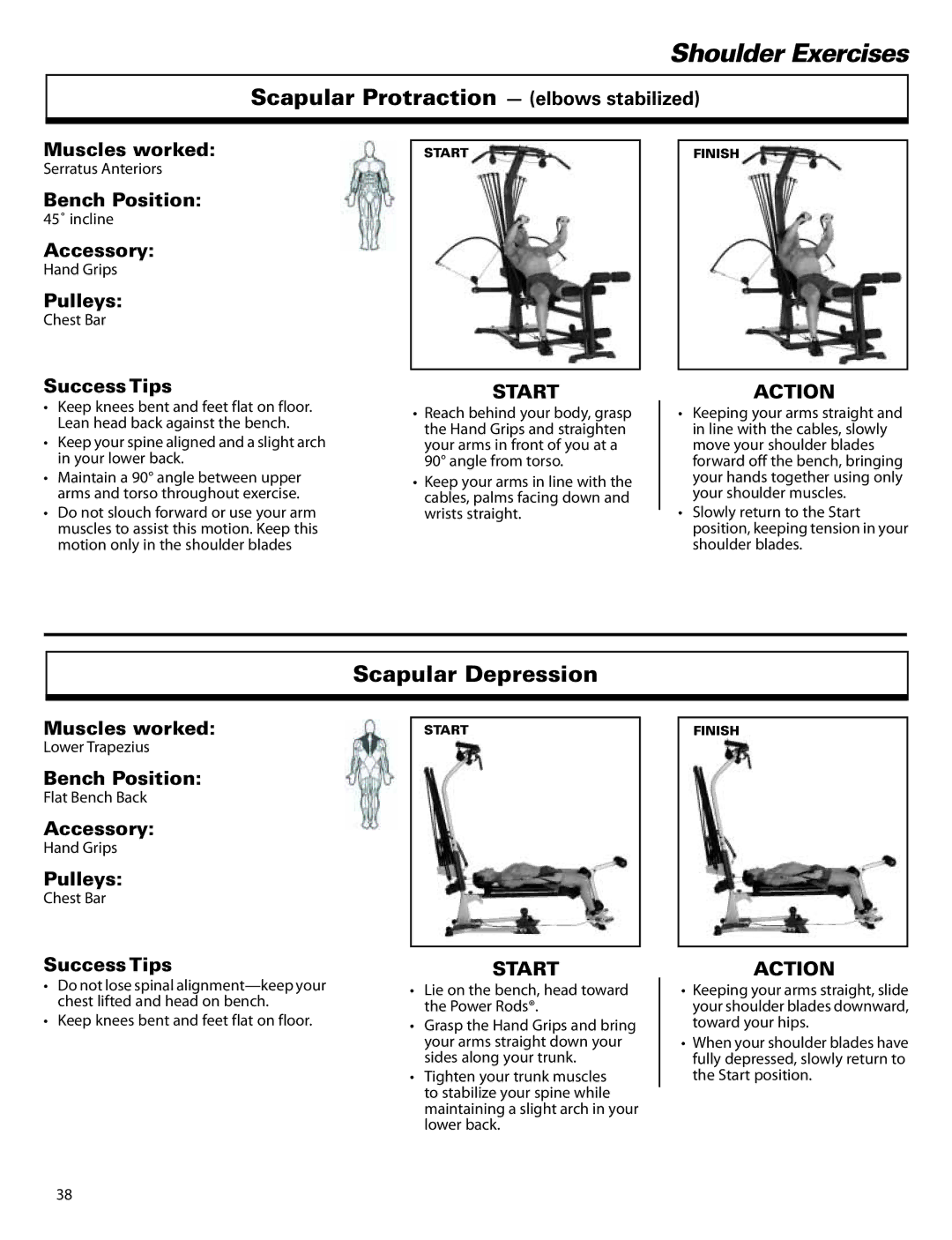 Bowflex ElitePlus manual Scapular Protraction elbows stabilized, Scapular Depression 