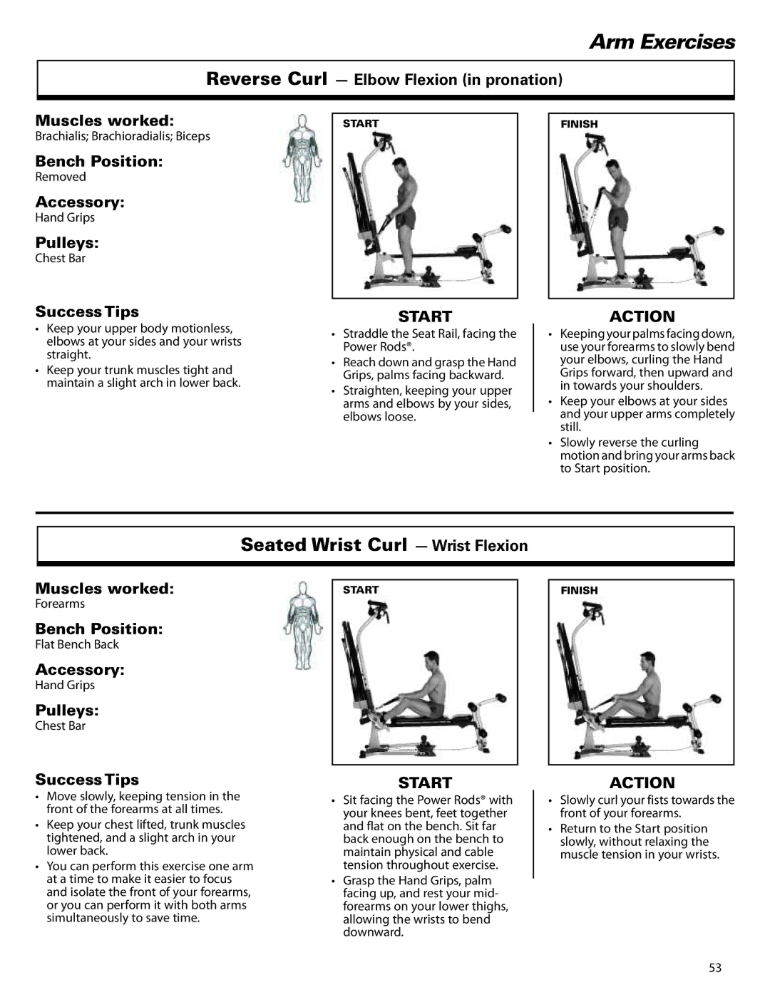 Bowflex ElitePlus manual Seated Wrist Curl Wrist Flexion, Reverse Curl Elbow Flexion in pronation Muscles worked 