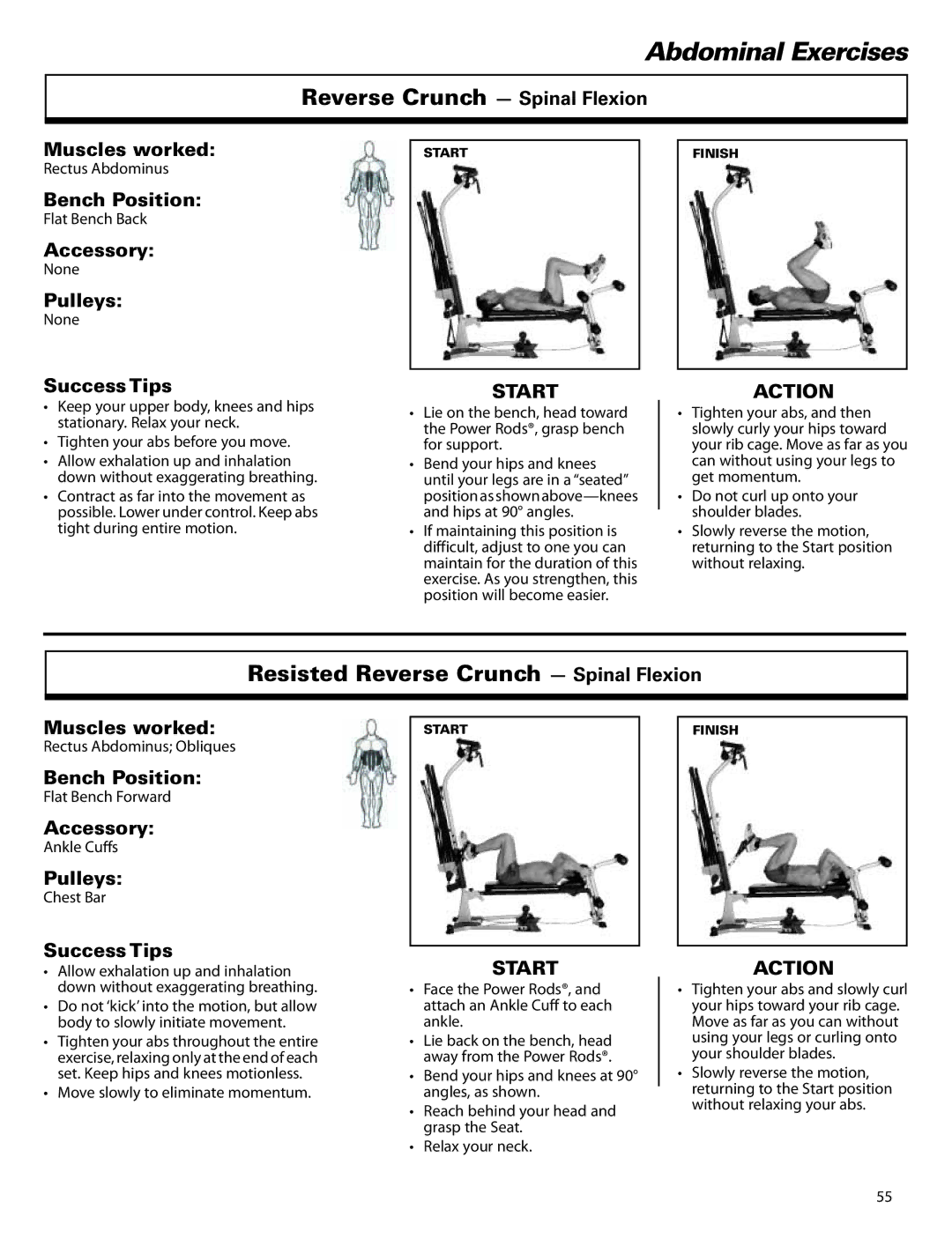 Bowflex ElitePlus manual Resisted Reverse Crunch Spinal Flexion, Reverse Crunch Spinal Flexion Muscles worked 