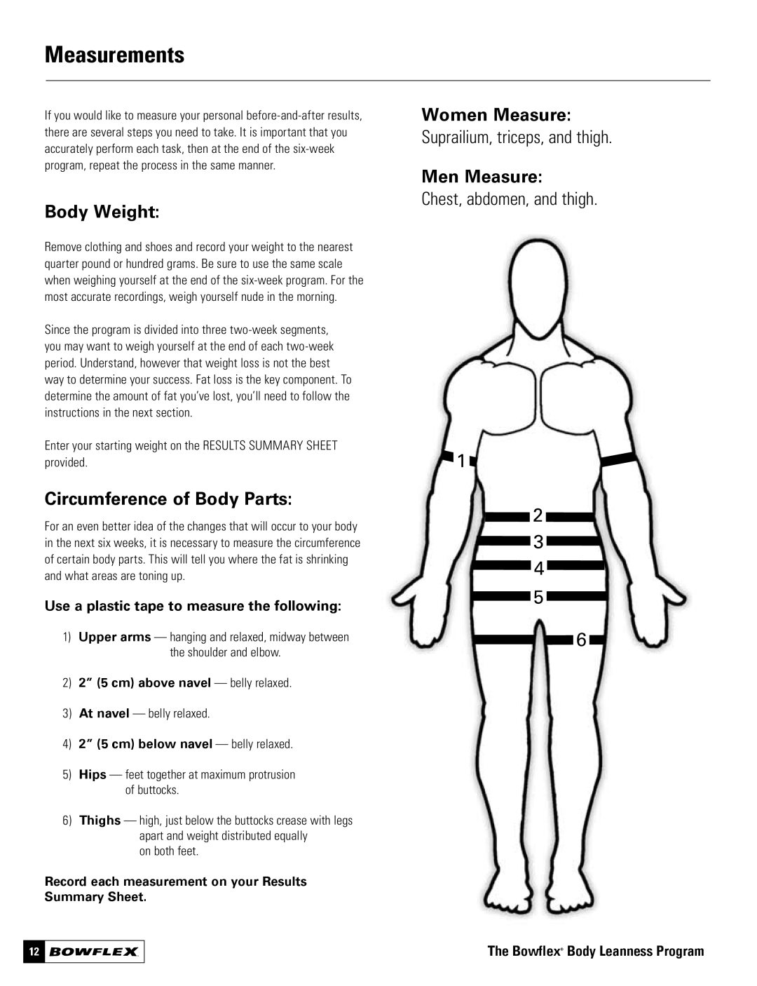 Bowflex Motivator 2 manual Measurements, Body Weight, Circumference of Body Parts, Women Measure, Men Measure 