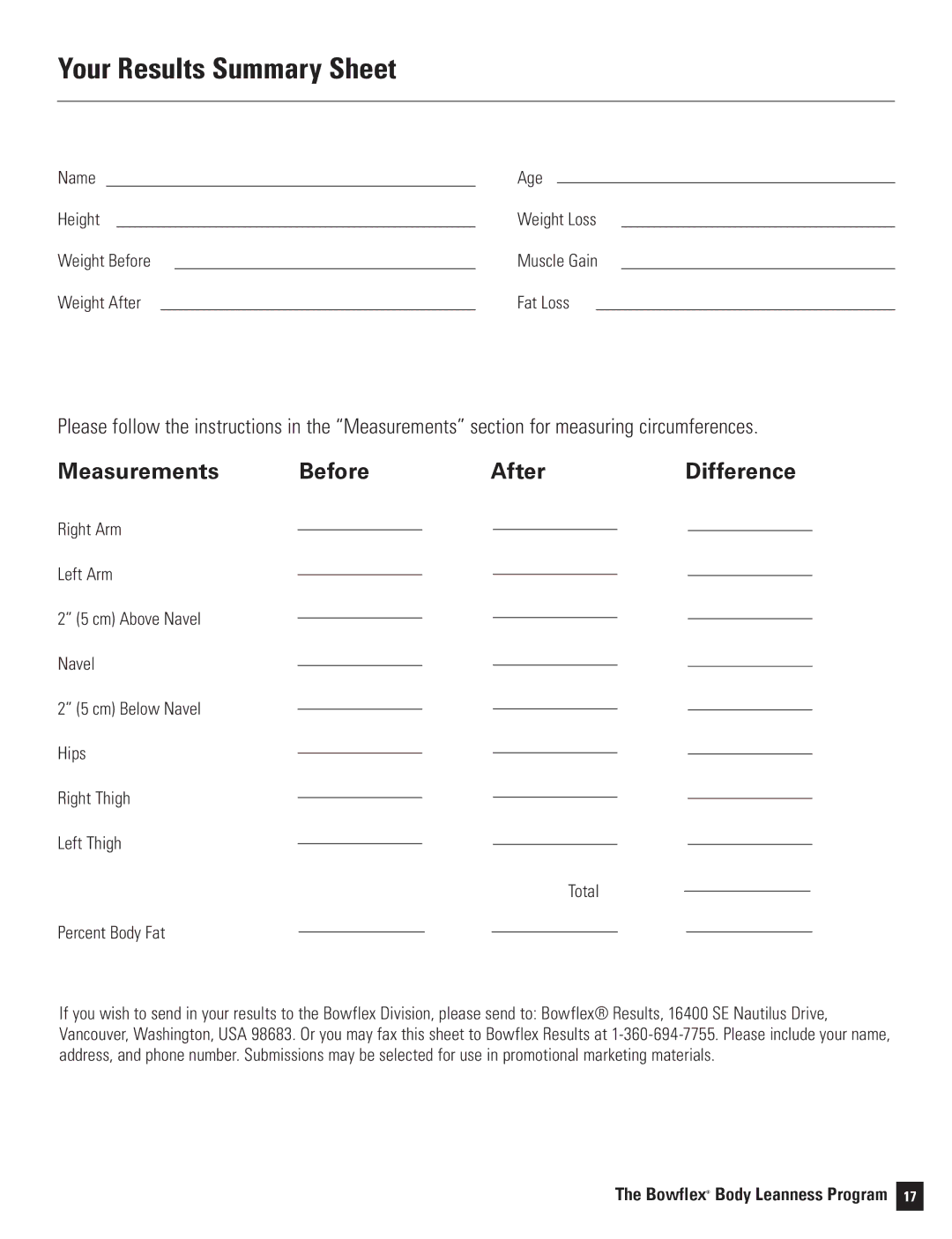 Bowflex Motivator 2 manual Your Results Summary Sheet, Measurements Before After 