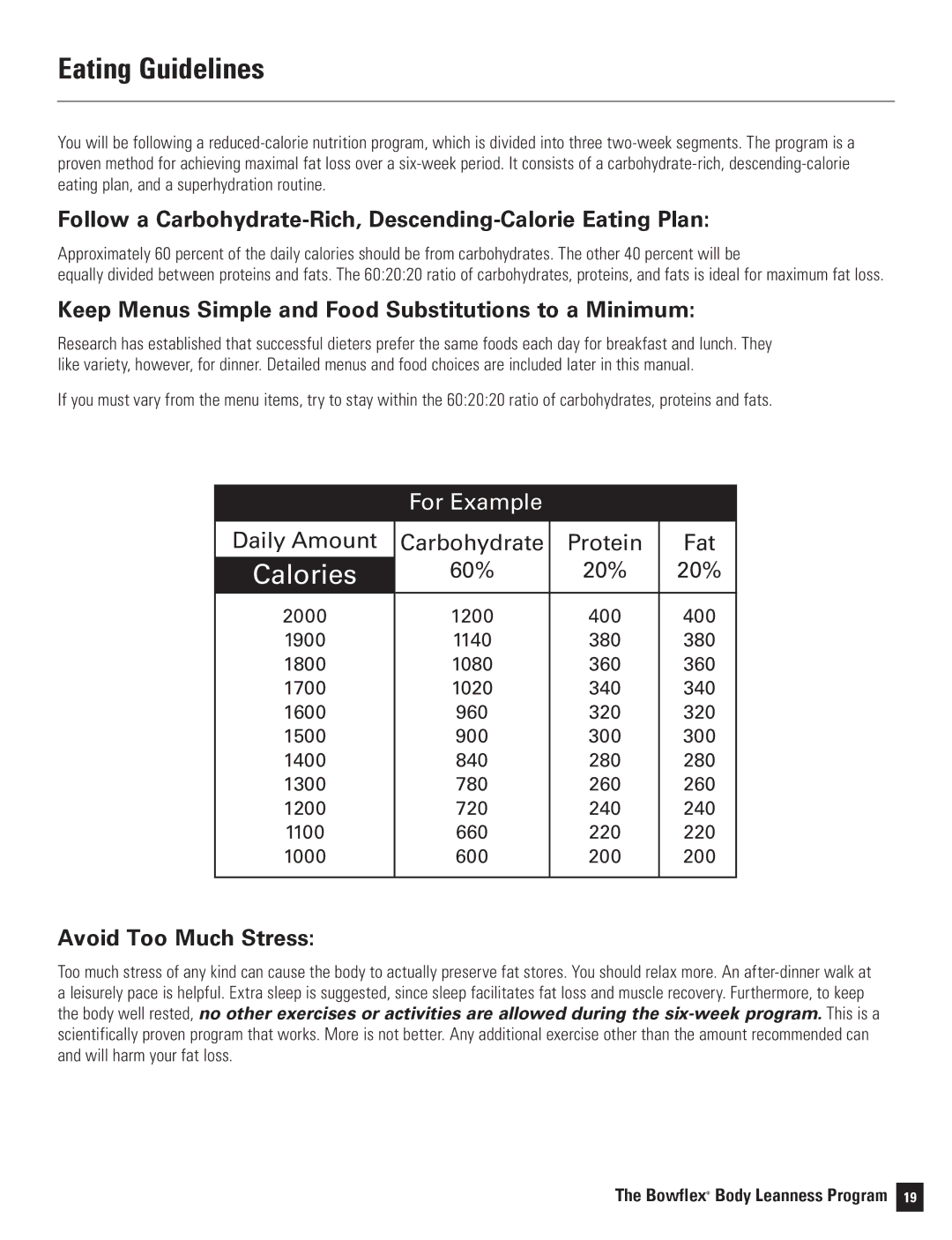 Bowflex Motivator 2 Eating Guidelines, Follow a Carbohydrate-Rich, Descending-Calorie Eating Plan, Avoid Too Much Stress 