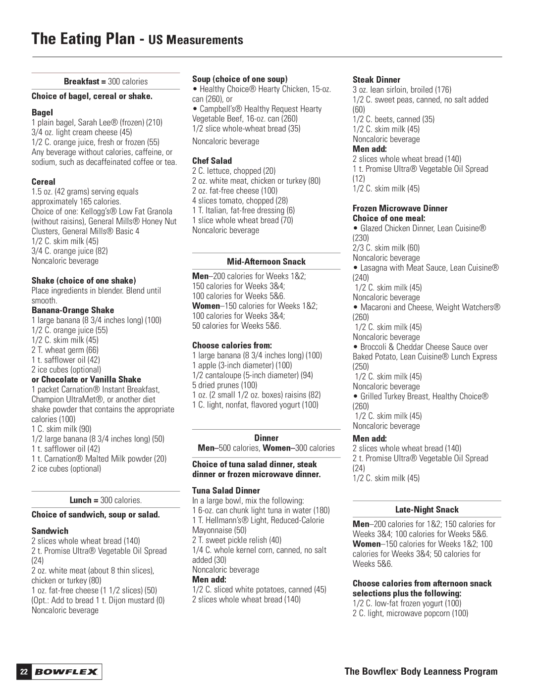 Bowflex Motivator 2 manual Eating Plan US Measurements 