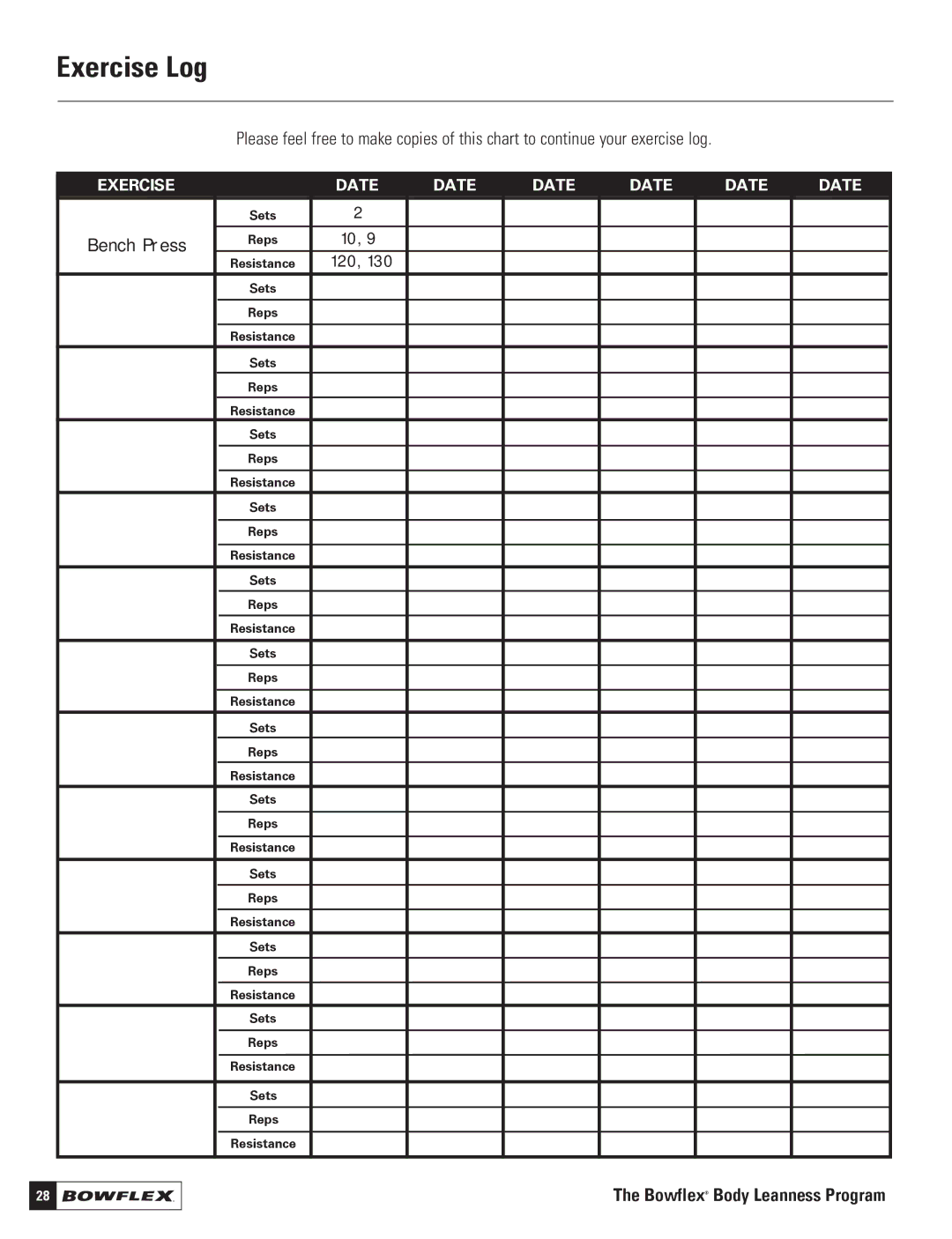 Bowflex Motivator 2 manual Exercise Log, Bench Press 