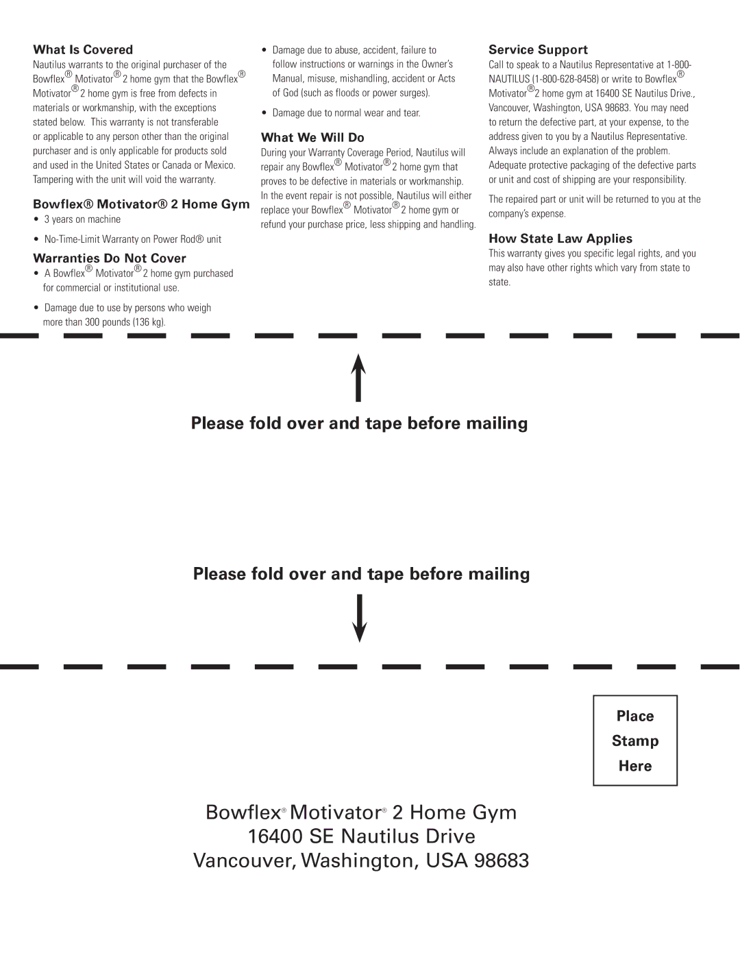Bowflex Motivator 2 manual Please fold over and tape before mailing, What Is Covered 