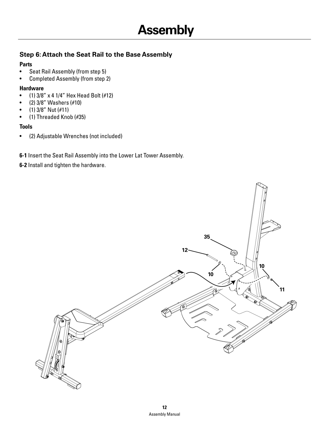 Bowflex PR1000 manual Attach the Seat Rail to the Base Assembly 