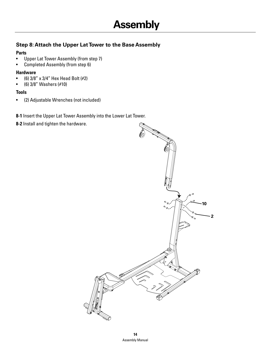 Bowflex PR1000 manual Attach the Upper Lat Tower to the Base Assembly 