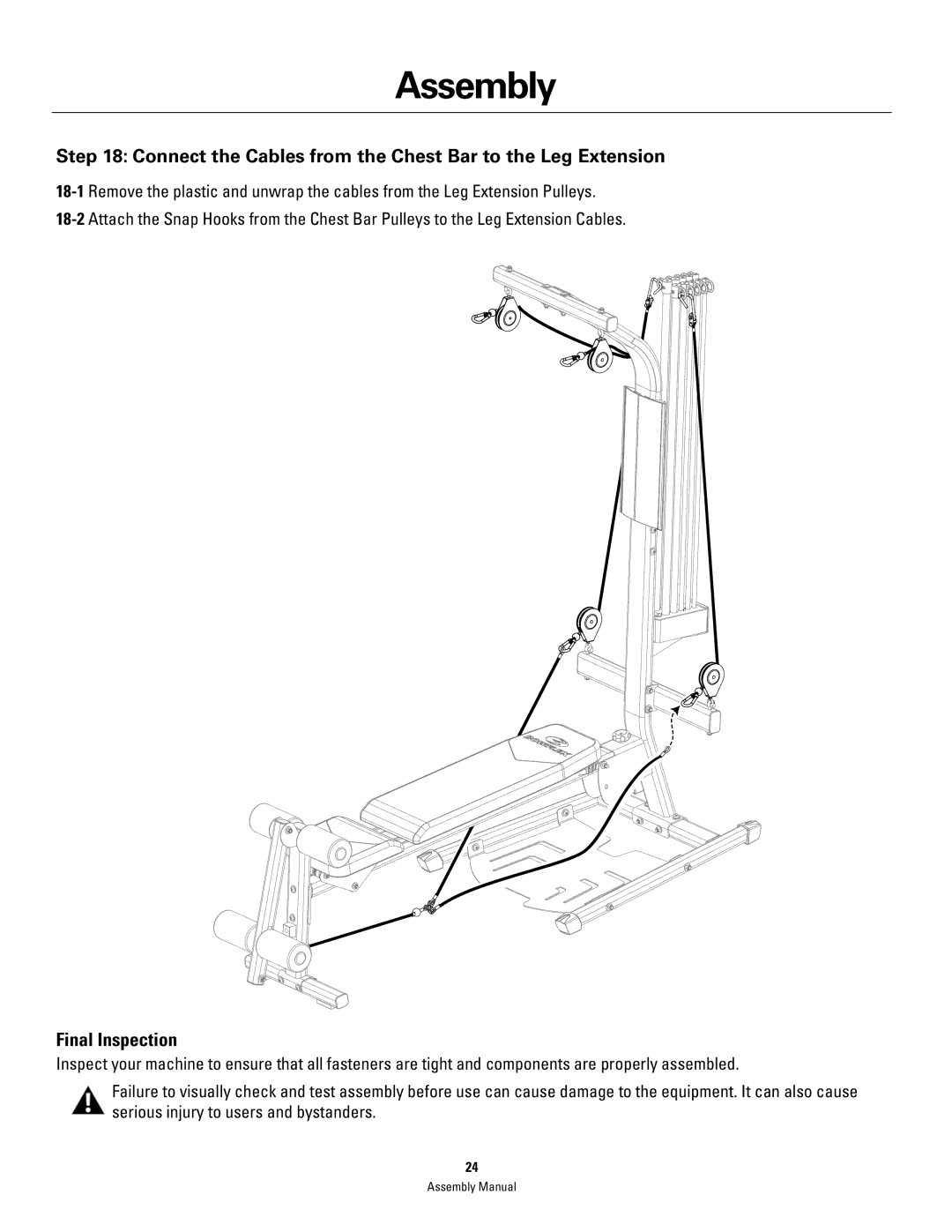 Bowflex PR1000 manual Connect the Cables from the Chest Bar to the Leg Extension, Final Inspection 