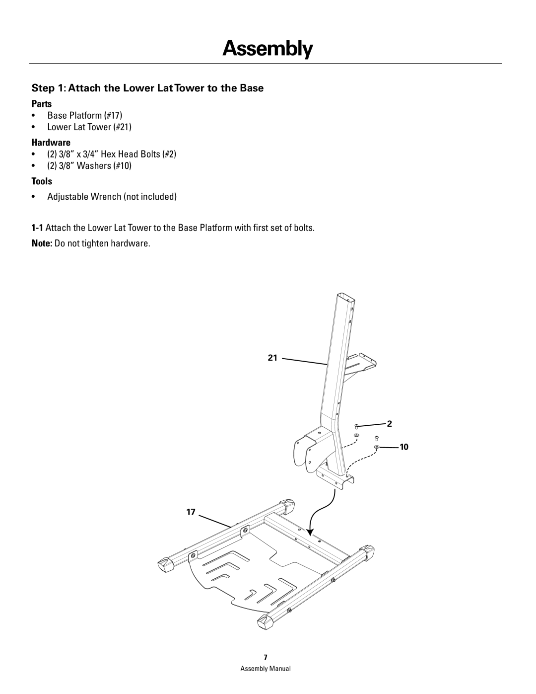 Bowflex PR1000 manual Assembly, Attach the Lower Lat Tower to the Base 