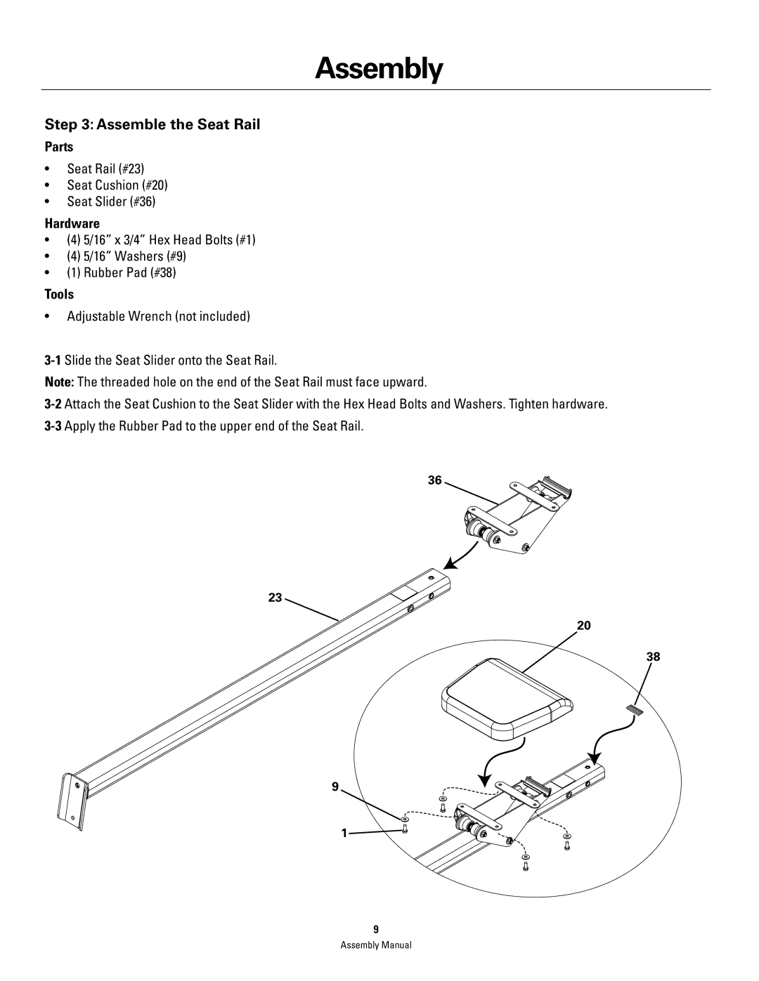 Bowflex PR1000 manual Assemble the Seat Rail 