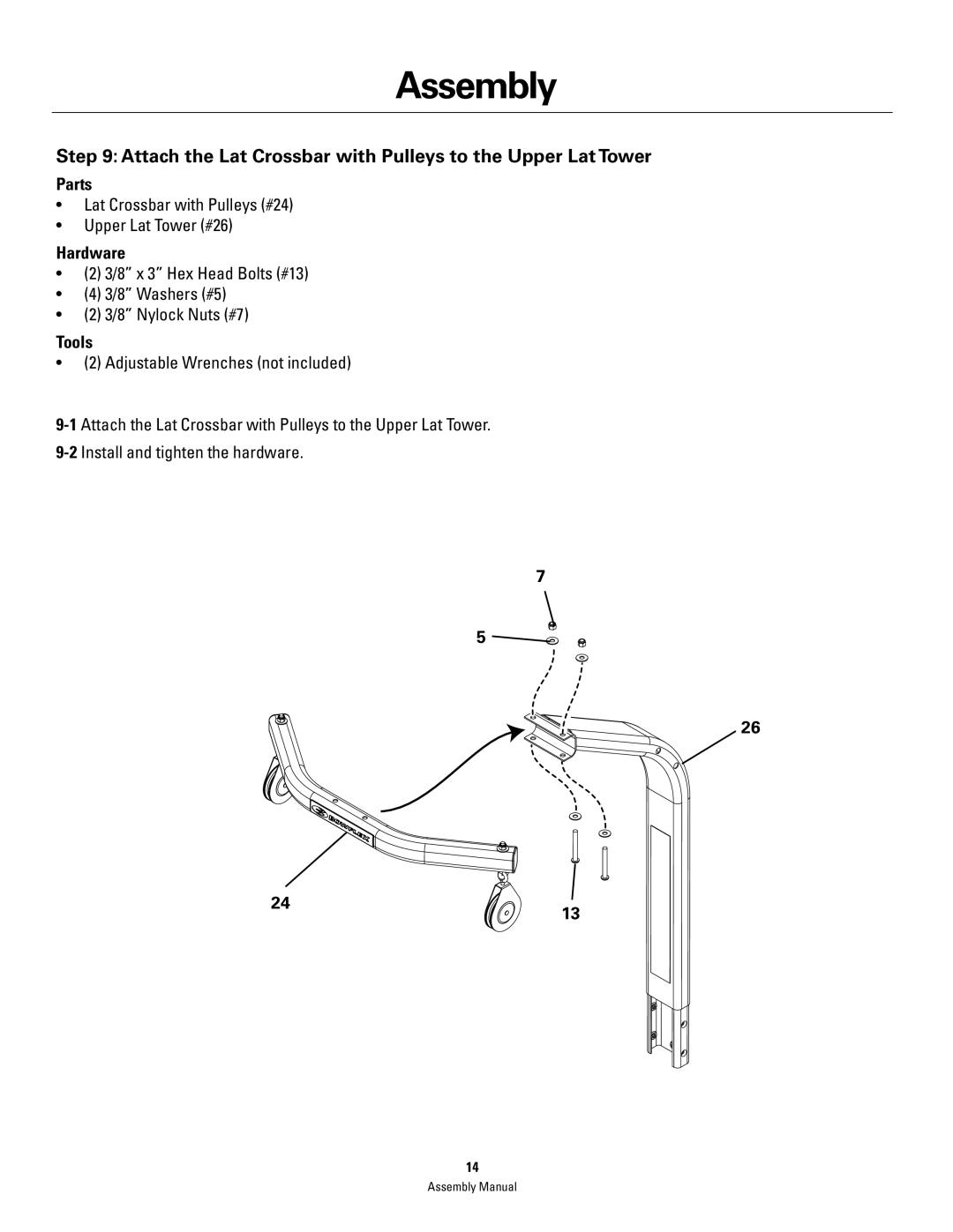 Bowflex PR3000 manual Attach the Lat Crossbar with Pulleys to the Upper Lat Tower 