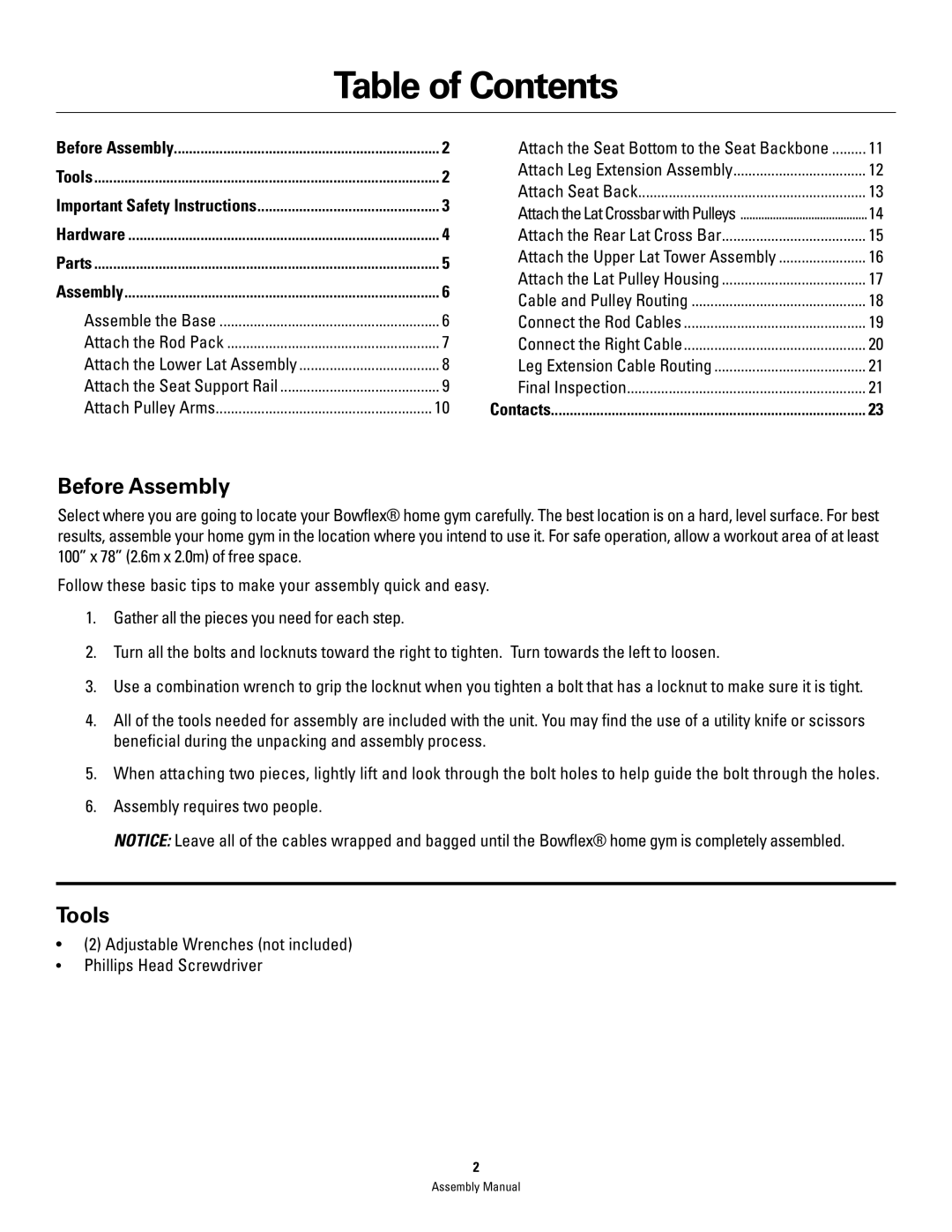 Bowflex PR3000 manual Table of Contents 