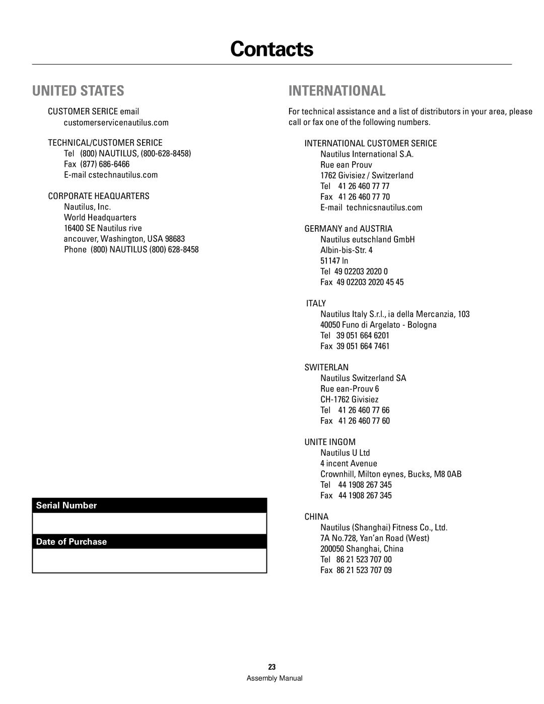 Bowflex PR3000 manual Contacts, United States 