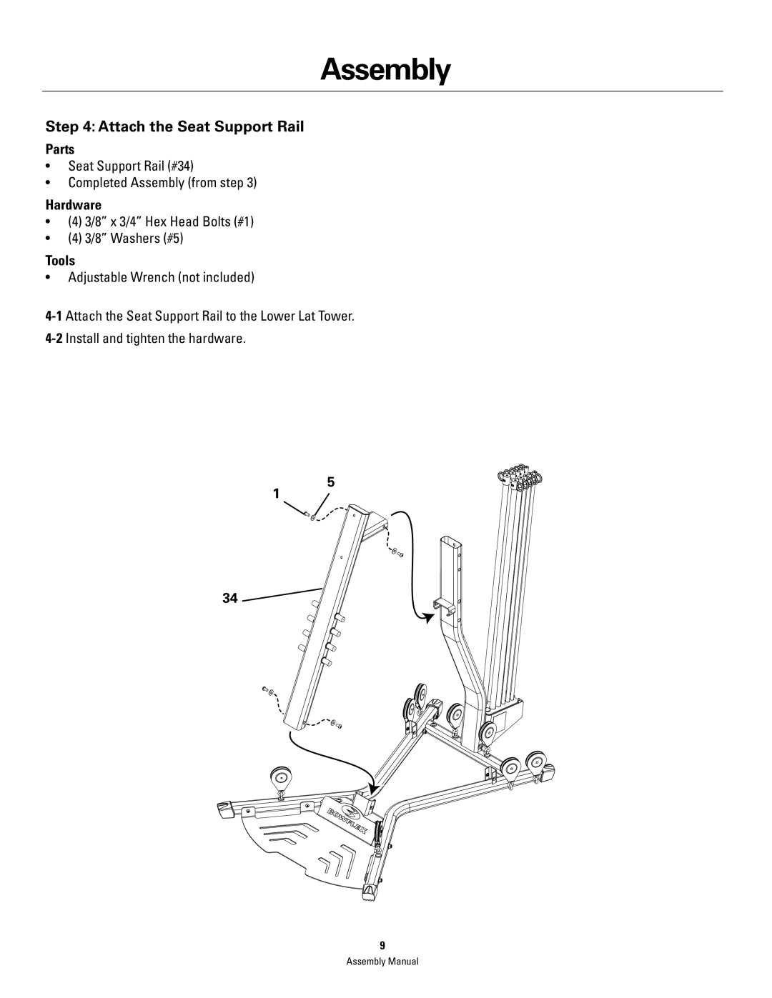 Bowflex PR3000 manual Attach the Seat Support Rail 