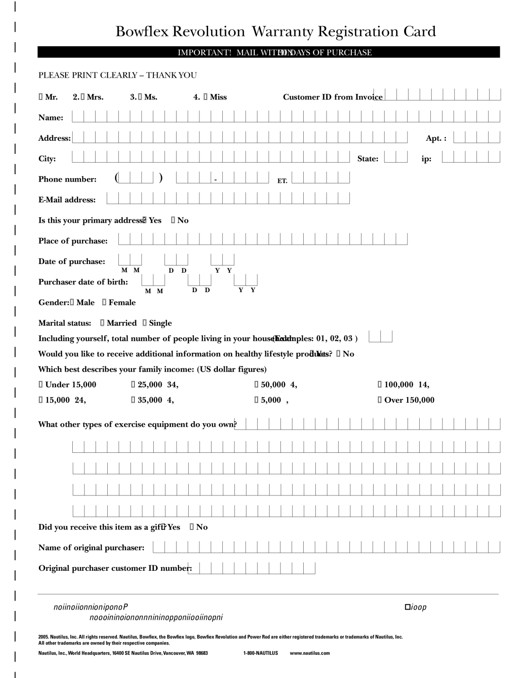 Bowflex manual Bowflex Revolution Warranty Registration Card, IMPORTANT! Mail Within 30 Days of Purchase 