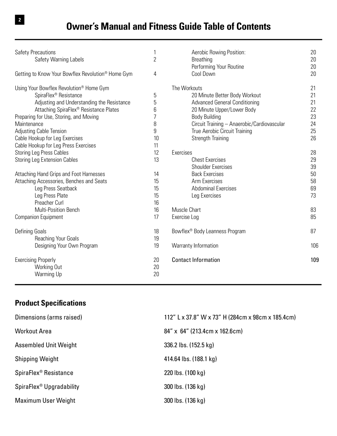 Bowflex Revolution manual Product Specifications 