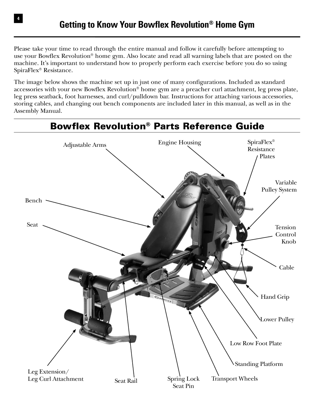 Bowflex manual Getting to Know Your Bowflex Revolution Home Gym, Bowflex Revolution Parts Reference Guide 