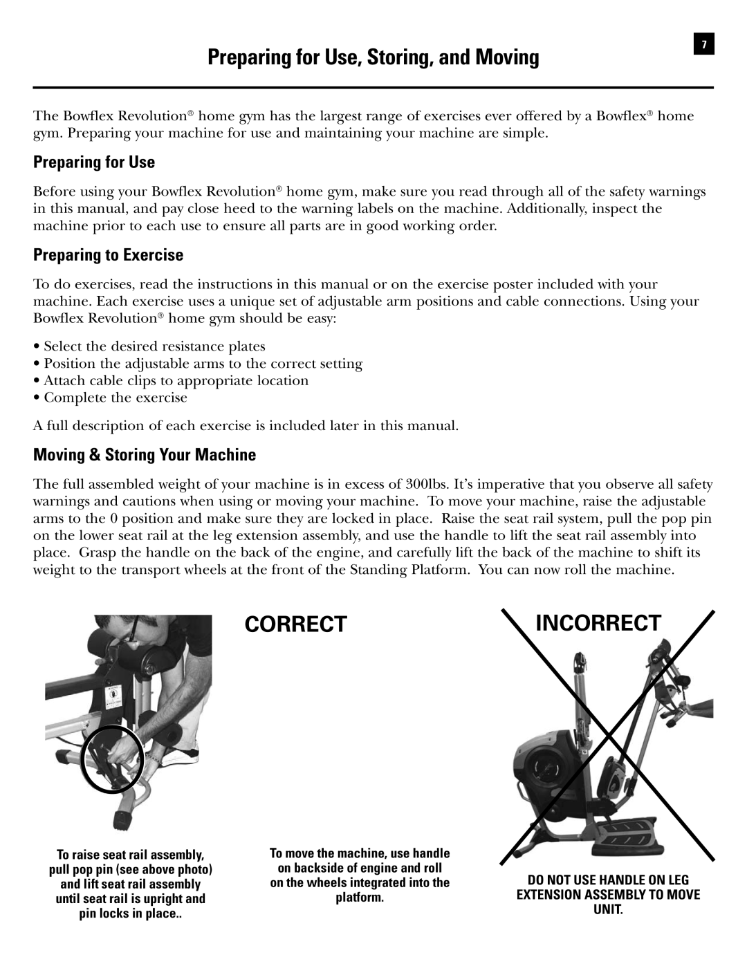 Bowflex Revolution manual Preparing for Use, Storing, and Moving 