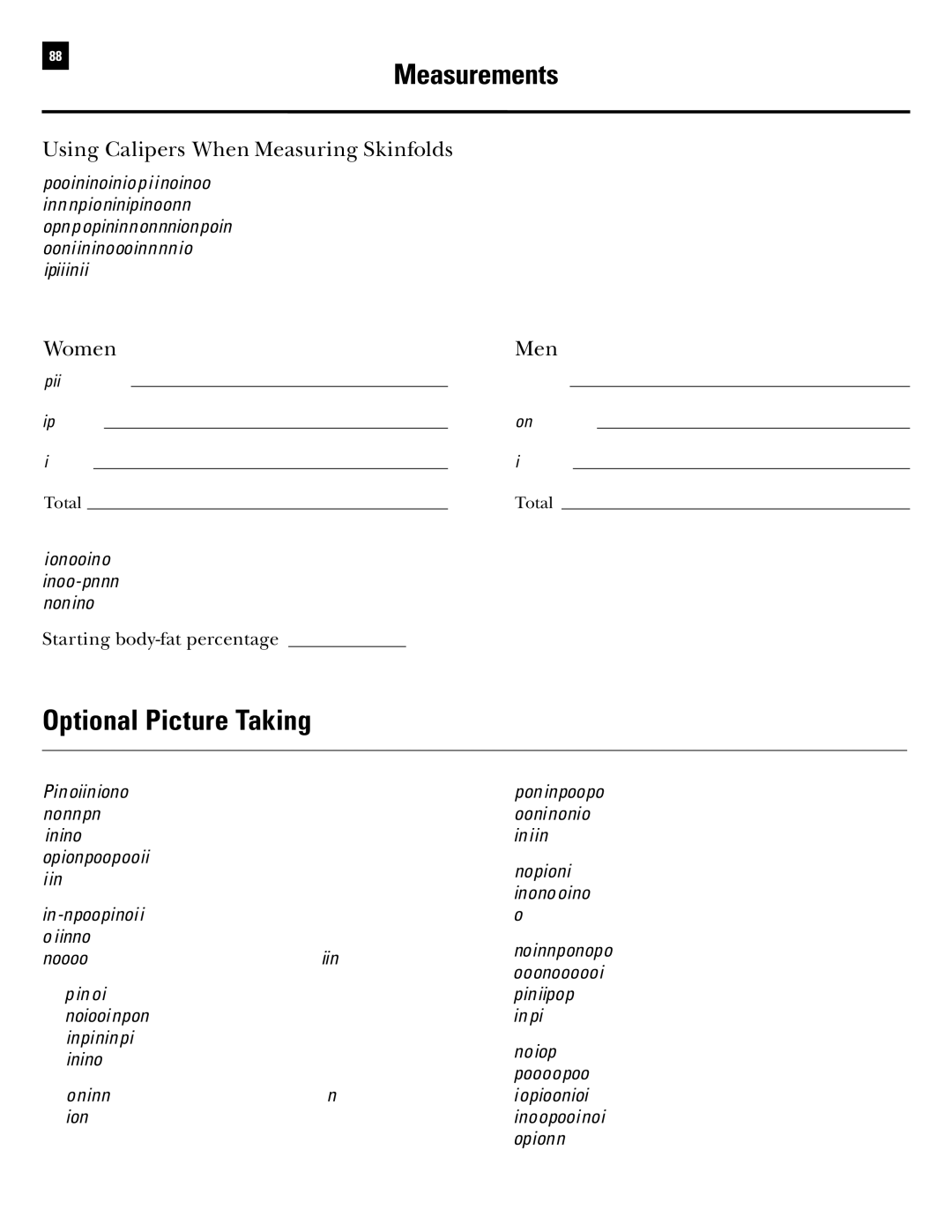 Bowflex Revolution manual Optional Picture Taking, Using Calipers When Measuring Skinfolds, Women Men 