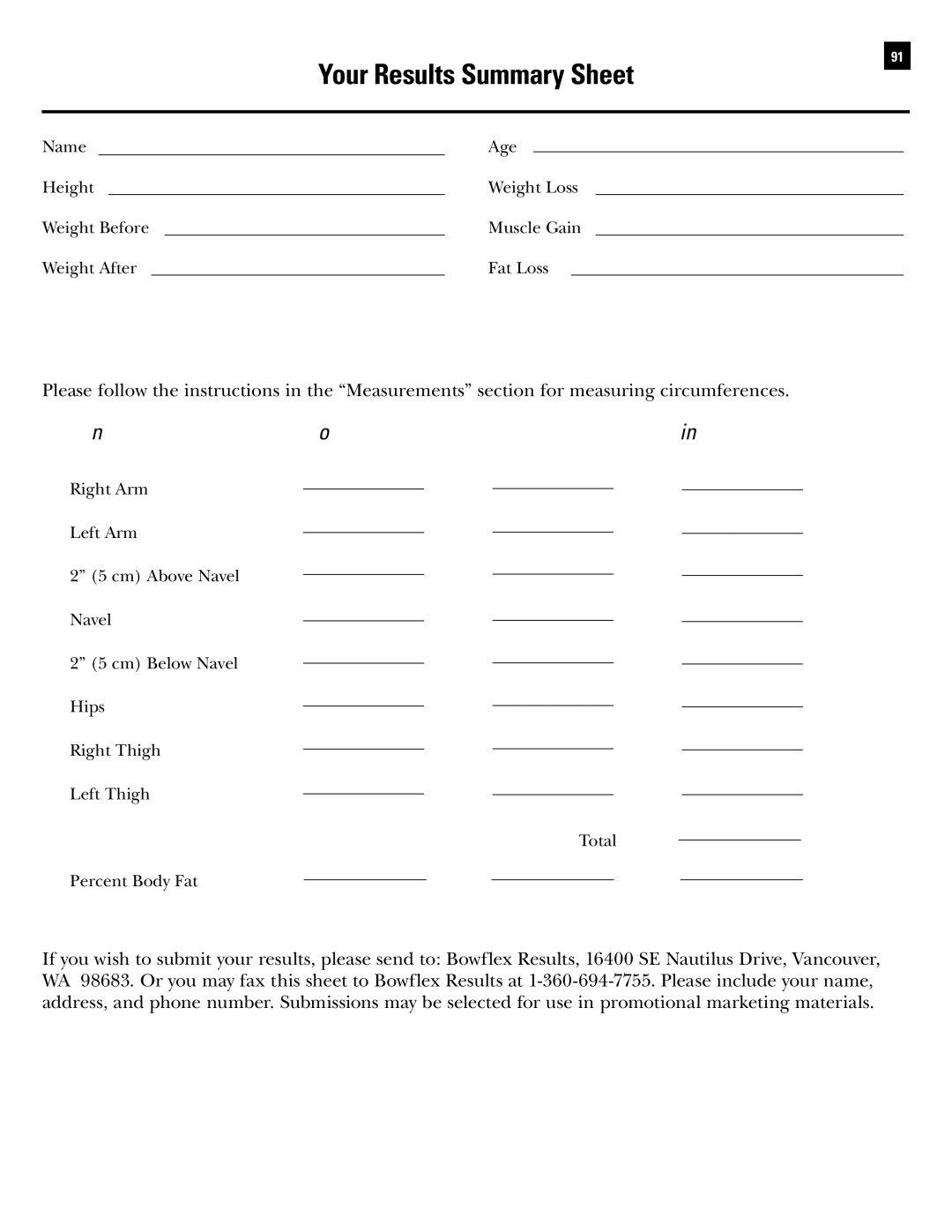 Bowflex Revolution manual Your Results Summary Sheet, Measurements Before After Difference 