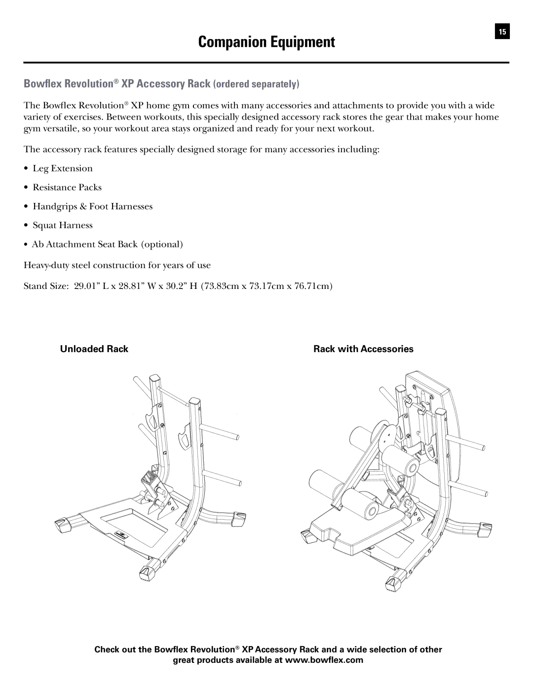 Bowflex RevolutionXP manual Companion Equipment, Bowflex Revolution XP Accessory Rack ordered separately 