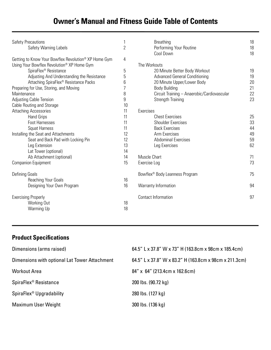 Bowflex RevolutionXP manual Product Specifications 